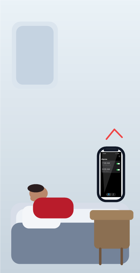 Bedroom scene with a sleeping person and an iPhone showing the AlarmiFex alarms screen on a bedside table