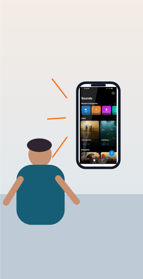 Bedroom scene with someone holding an iPhone showing AlarmiFex sound categories for rotating alarm sounds