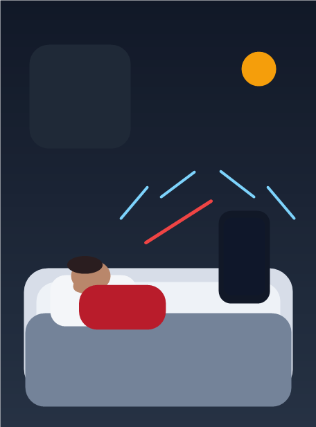 Sleeping person in a dark bedroom with an alarm sounding during deep sleep