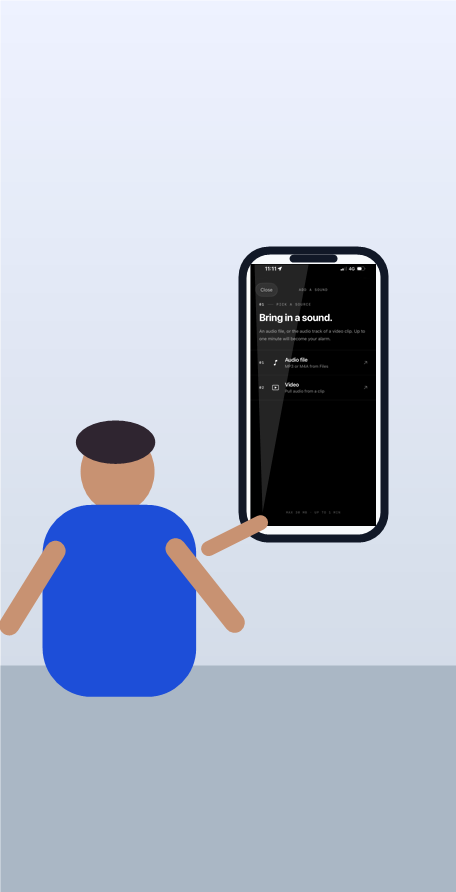 Person holding an iPhone showing the AlarmiFex add sound screen for using a personal alarm sound