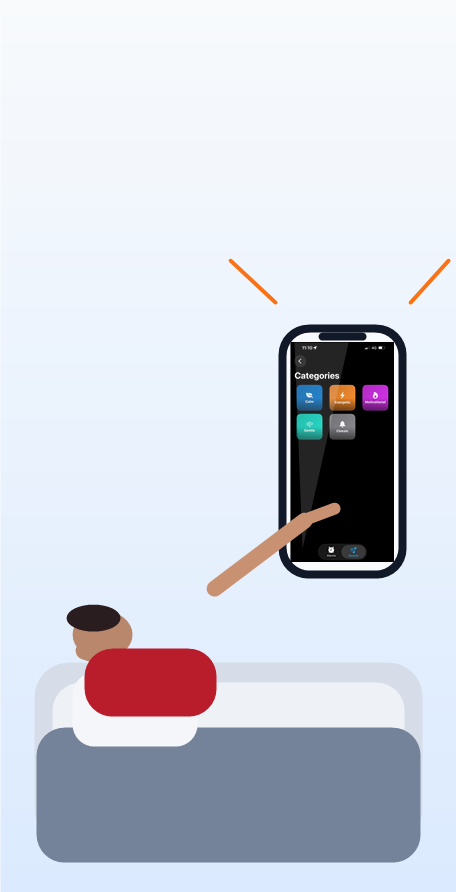 iPhone on a bedside table showing AlarmiFex sound categories for rotating alarm sounds