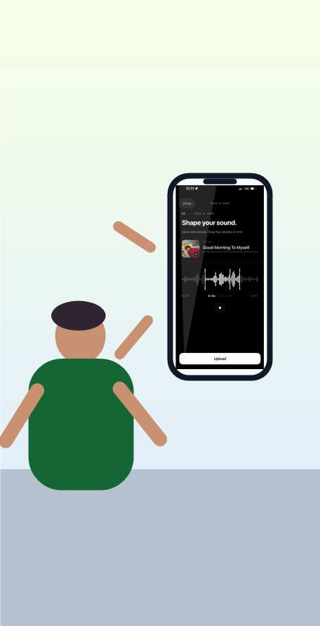 Person holding an iPhone showing the AlarmiFex trim and name screen for preparing an uploaded alarm sound