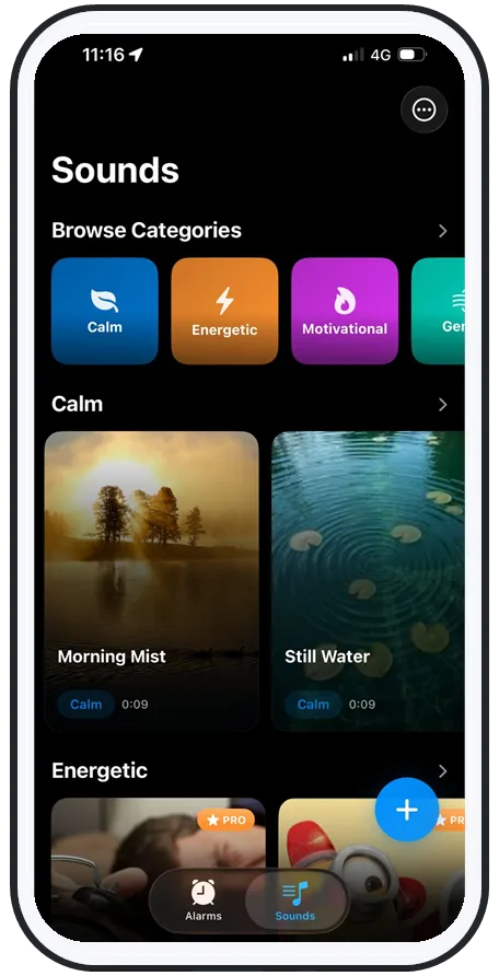 AlarmiFex Sounds screen on iPhone with Calm, Energetic and Motivational sound categories to browse