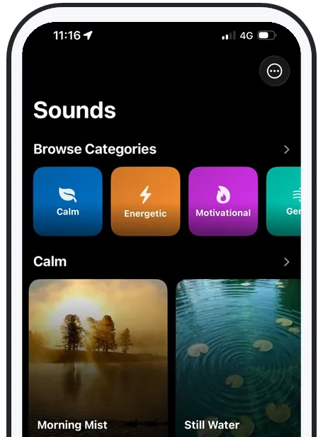 AlarmiFex Sounds library showing browse categories and Calm sounds such as Morning Mist and Still Water