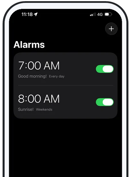 AlarmiFex Alarms list with a 7:00 AM "Good morning!" alarm every day and an 8:00 AM "Sunrise!" weekend alarm