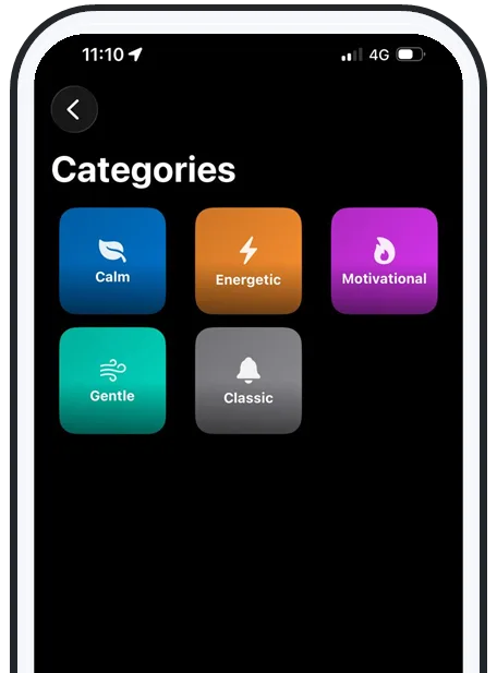 AlarmiFex sound Categories screen: Calm, Energetic, Motivational, Gentle and Classic